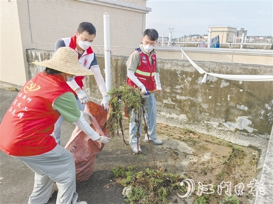 广大党员干部当先锋，图为鹤山市桃源镇党员干部正在清理天台垃圾。